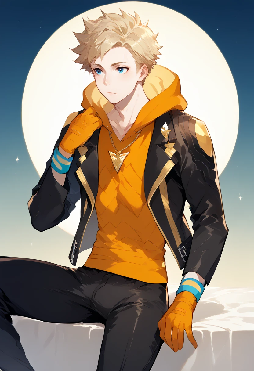 score_9, score_8_up, score_7_up, masterpiece, best quality, amazing quality, best aesthetic, ,absurdres,intricate details,spark_pokemon, blonde hair, blue eyes, black jacket, orange sleeveless hoddie, orange gloves, wristband, black pants, black shoes,necklace, 1boy<lora:EMS-373804-EMS:0.800000>, <lora:EMS-382826-EMS:1.000000>