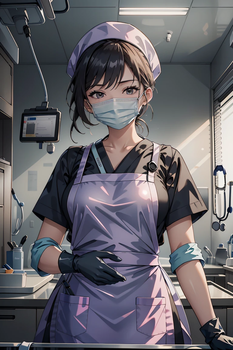 (RAW photo, best quality,facing the viewer,from front), operating room, overhead surgical light,blurred background, focused, dithering,backlighting,
 <lora:Doctor_LatexApron_V2.0:0.8> doctor_latexapron, 1girl, solo, latex apron, surgical mask, gloves