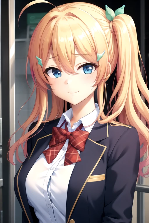 ((masterpiece)),(best quality),official art,extremely delicate and beautiful,extremely detailed CG,unity 8k wallpaper,ultra detailed,beautiful detailed eyes,extremely detailed face,outdoors,1girl,solo,upper body,(portrait:1.5),looking at viewer,facing viewer,smile,Futagawa Miharu,ahoge,long hair,blonde hair,multicolored hair,side ponytail,hair bow,hairclip,butterfly hair ornament,sidelocks,hair between eyes,bangs,blue eyes,school uniform,blue jacket,blazer,red bowtie,open clothes,white shirt,collared shirt,long sleeves,large breasts,skindentation,miniskirt,white skirt,pleated skirt,white socks,cross-laced footwear,boots,brown footwear,<lora:Futagawa Miharu(rk):0.8>,