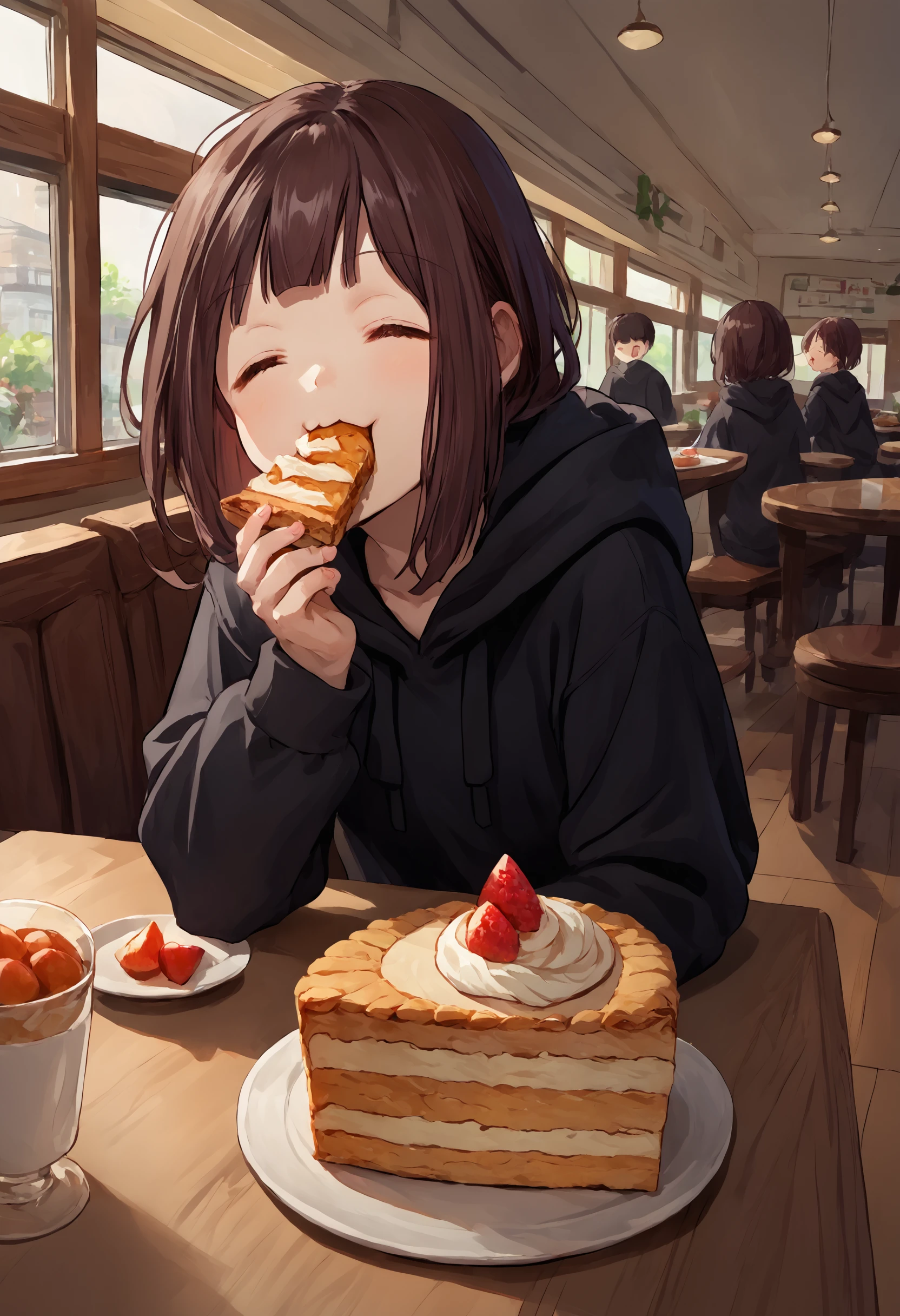 score_9, score_8_up, score_7_up, source_anime, 1girl, nanase kurumi \(menhera-chan\), brown hair, black hoodie,  <lora:NanaseKurumi_Menhera-chan_XLPD-000011:1>, pov across table, food, cafe, cake, happy, closed eyes, eating, indoors,