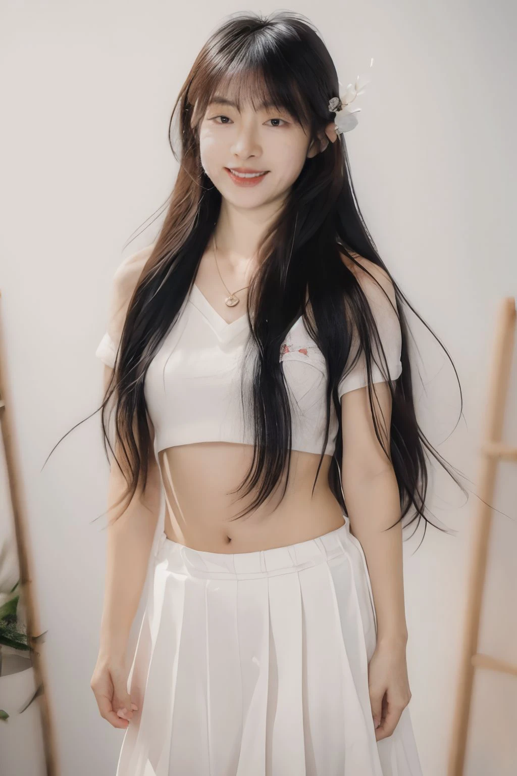 1girl, solo, small breasts, looking at viewer, realistic, photorealistic, long hair, black eyes, smile, lips, black hair, hyper detailed, super sharp, crisp, smooth, smooth gradients, depth of field, (in studio: 1.1), (white background: 1.1), <lora:suyushu:1>, <lora:breastsizeslideroffset:-0.4>, <lora:skin_slider_v2_1_FACE:0.5>, <lora:add_detail_v5:1>, necklace, hair ornament, serafuku, student uniform
