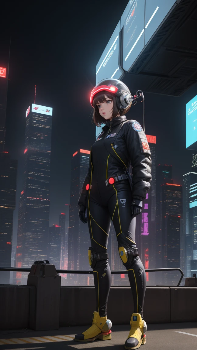 An anime sci-fi pilot in a futuristic city, wearing a high-tech flight suit with a helmet under her arm. Her hair is short and sleek, and she stands in front of a spaceship. The city is filled with flying cars, neon lights, and tall buildings.