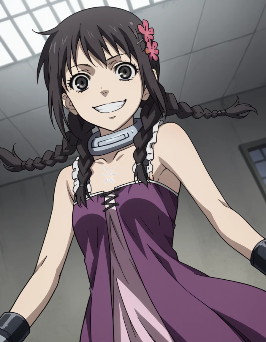 score_9, score_8_up, score_7_up, source_anime,
minatsukitakami, <lora:minatsuki-takami-s1-ponyxl-lora-nochekaiser:1>,
minatsuki takami, long hair, black hair, hair ornament, braid, flower, twin braids, hair over shoulder,
gloves, fingerless gloves, collar, dress, purple dress, collarbone, strap, bare shoulders,
indoors, prison, smile, evil smile, grin,
cowboy shot, looking at viewer, solo, dutch angle,