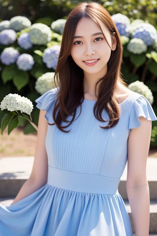 1girl,(RAW photo, best quality), (realistic, photo-realistic:1.4), masterpiece, an extremely delicate and beautiful, extremely detailed, 2k wallpaper, Amazing, finely detail, extremely detailed CG unity 8k wallpaper, ultra-detailed, highres, soft light, beautiful detailed girl, extremely detailed eyes and face, beautiful detailed nose, beautiful detailed eyes,cinematic lighting,perfect anatomy,slender body
wearing a blue peplum dress,blue skirt,(bokeh:1.2)
at a shrine,tall stone stairs,(hydrangea flowers),cloudy
<lora:yumikinao_lora:0.8>,smile