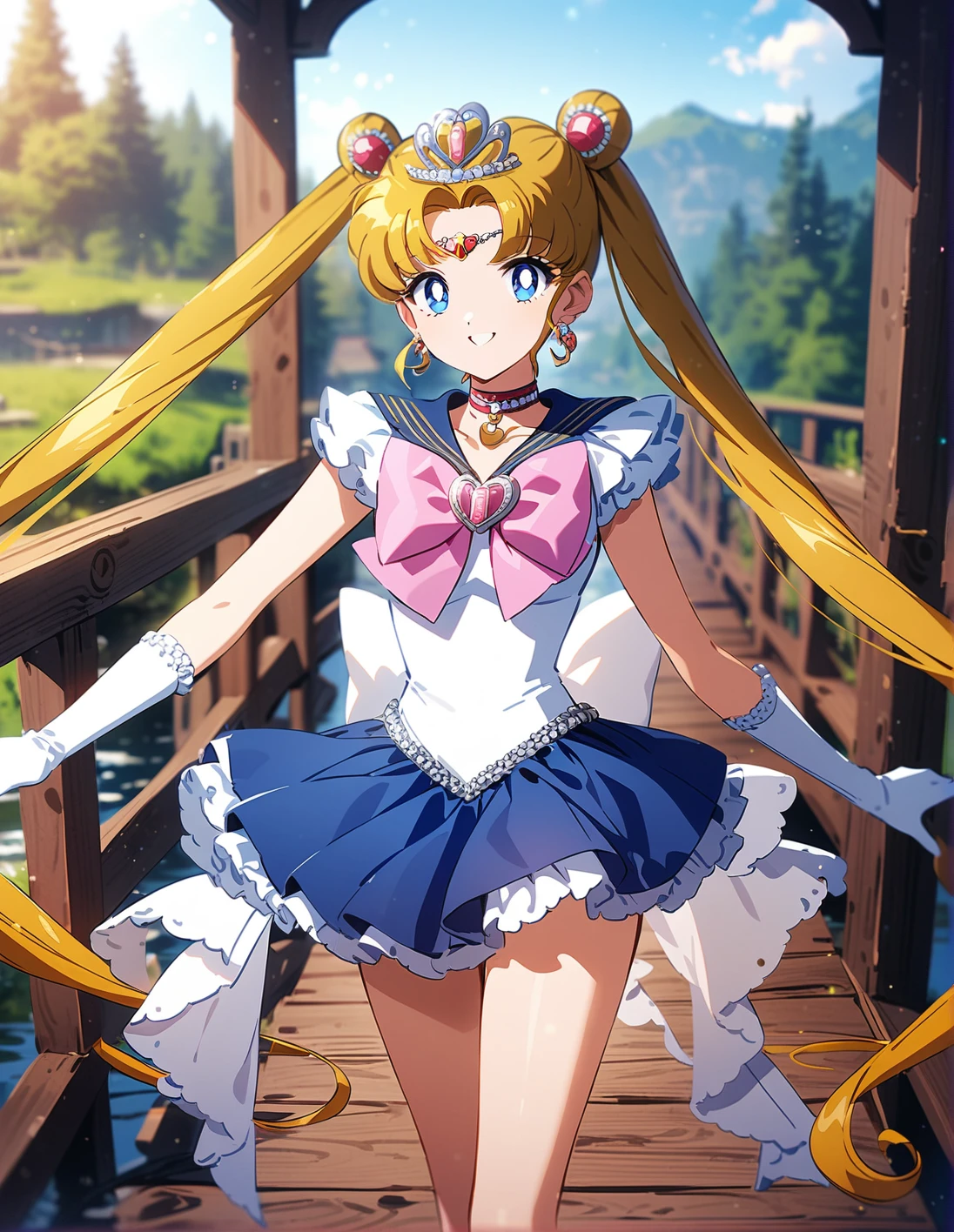 1girl, solo, <lora:sdxl-lyco-princess-sailormoon-animagine_xl_3_1-prodigy-v2-1-1-000020:1:lbw=0,0,0,0,0,0,0,0,1,1,0,0,0,0,1,1,1,0,0,0,0,0,0,0,0,0>, princesssailormoon, double bun, twintails, circlet, earrings, frill, choker, tiara, bow, white leotard,gloves, miniskirt, standing ,smile, best quality, very aesthetic, ultra-detailed, intricate details, 4k,, newest, (retro:-1.0) ,(1990s:-1.0), BREAK on a wooden bridge