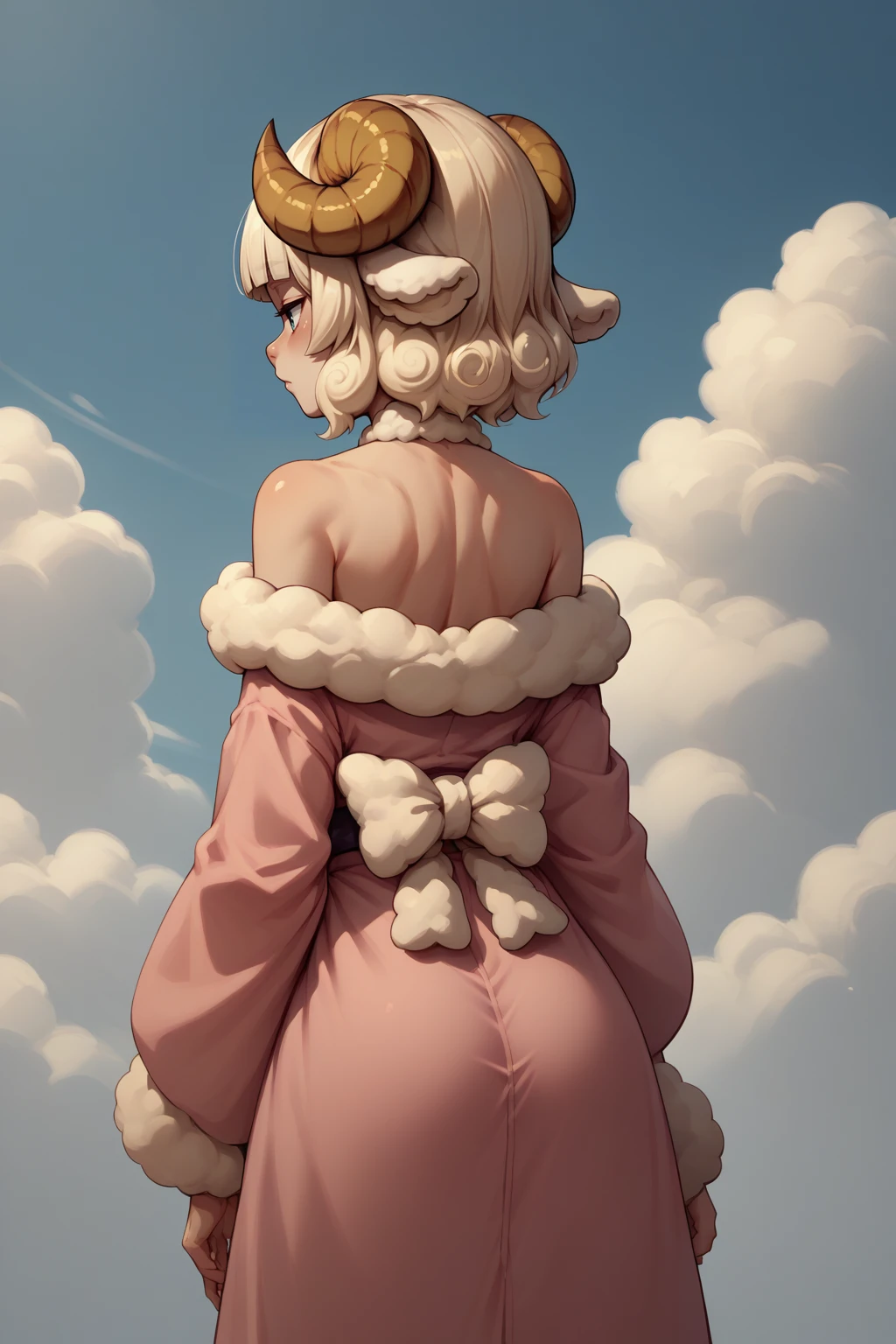 score_9, score_8_up, score_7_up, 1girl, solo, <lora:NSWeresheepMGE:0.9> NSWeresheepMGE, medium hair, blunt bangs, fur trim, sheep horns, sheep ears, from behind, pink kimono, bare shoulders, clouds