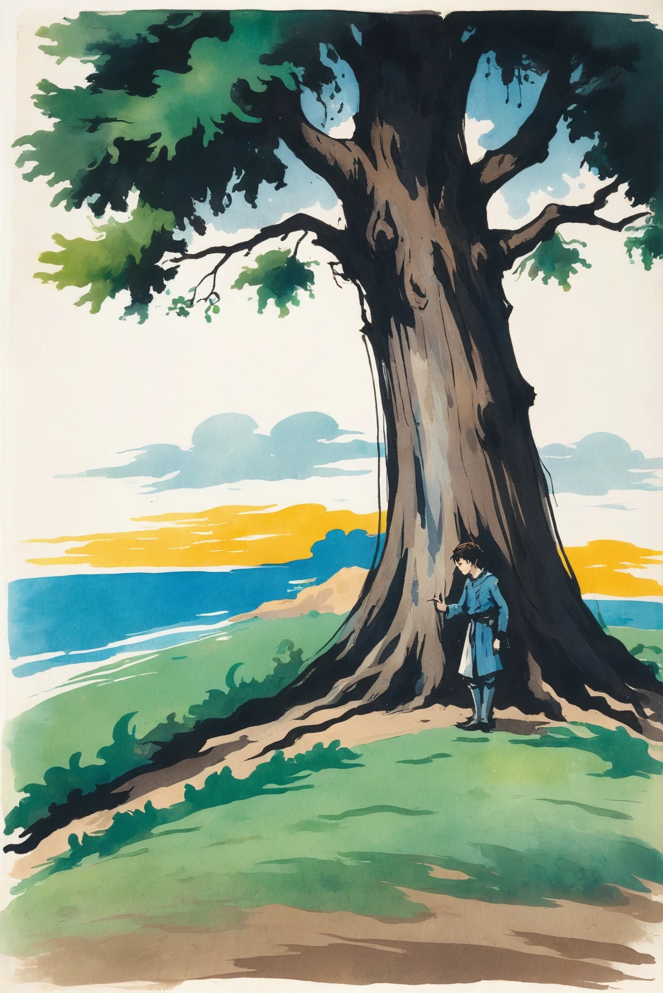 retro 1910s fantasy book cover, rough brush strokes, anime watercolor on vellum, ruined,lush fantasy hamlet in a Great Tree of Life<lora:EnvyStarlightAnimeWatercolor02:1.25>