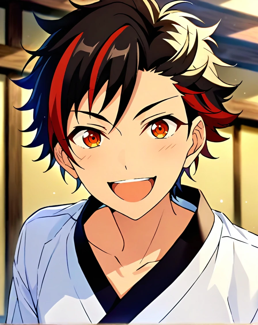 masterpiece, best quality, very aesthetic, absurdres, very detailed, score_9, score_8_up, score_7_up, depth of field, ((1boy, solo, male only, male focus, upperbody)), (nagumo_tetora, black hair, streaked hair, red hair, amber eyes, short hair, hair between eyes, bangs), happy, looking at viewer, facing viewer, collarbone, dojo, karate uniform, <lora:Lightning-8:1>,  <lora:nagumo_tetora_sdxl_lora:0.74>