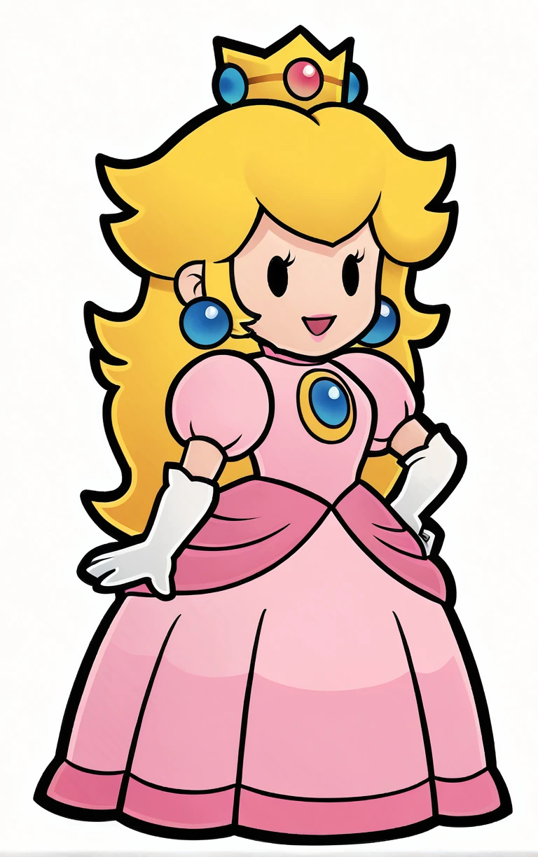 score_9, score_8_up, score_7_up, looking at viewer, BREAK
Main_PaperPeech_ownwaifu,
1girl, princess peach, blonde hair, pink dress, crown, elbow gloves, jewelry, long hair, earrings, chibi, outline, gem, white gloves, long dress, puffy short sleeves, solid oval eyes
(contrapposto, hand on hip),
<lora:PONYXL_PaperPeech_ownwaifu:0.8>