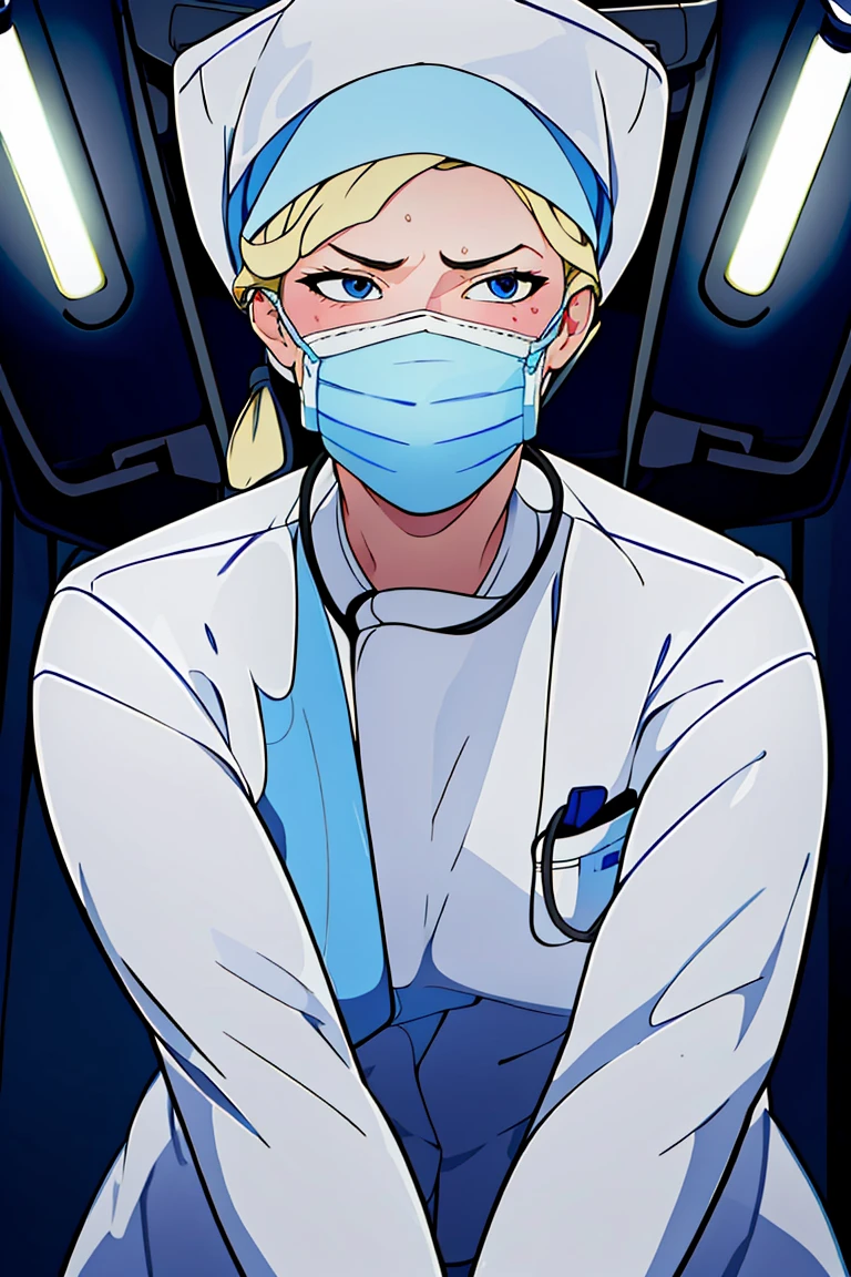 (RAW photo, best quality,facing the viewer,from front), operating room, overhead surgical light,blurred background, focused, dithering,backlighting,
 <lora:helga:0.8> helga 1girl,1girl,solo, blonde hair, makeup, blue eyes,
 <lora:Doctor_CPR_ALT_V2.0:0.8> doctor_cpr_alt, 1girl,solo, surgical mask, pov, looking at viewer, blush, hat,