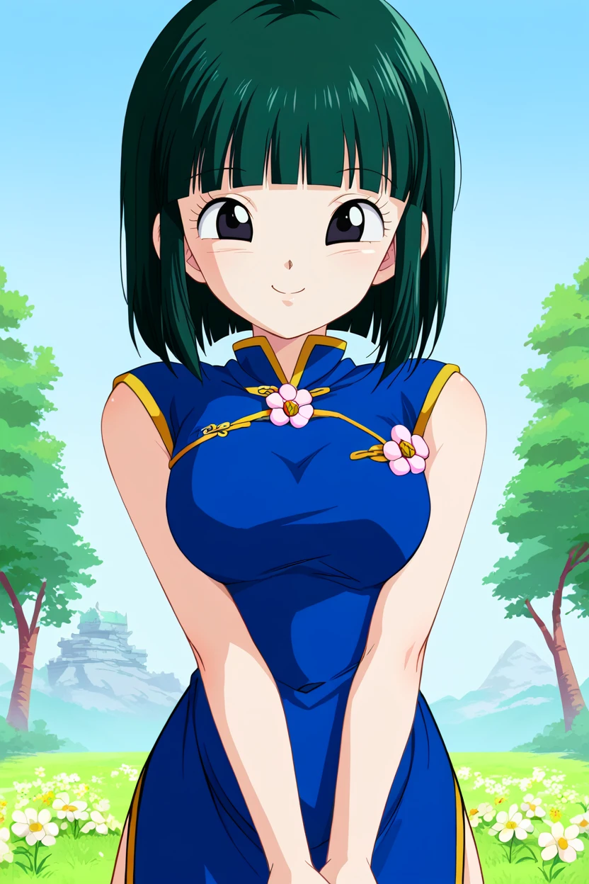 score_9, blue sky,grass,yurin, blue china dress, black eyes, dark green hair,short hair,tree,upper body, smile, sleeveless,looking at viewer,flower brooch,yellow trim,v arms, solo,blunt bangs,   <lora:YurinPony:1>