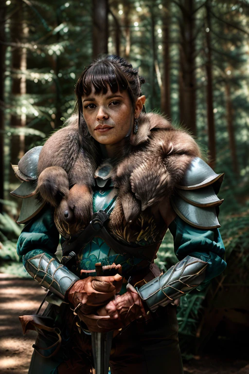 a Realistic portrait of a evandra woman with brown eyes , looking at the viewer, detailed face, detailed eyes, modelshoot style, wearing armor and a fur collar, holding a sword, soft lighting, professional Photography, Photorealistic, detailed, outdoors forest background, running, RAW, analog, sharp focus, 8k, HD, DSLR, high quality, Fujifilm XT3, film grain, award winning, masterpiece
<lora:evandra v1.1:1>
