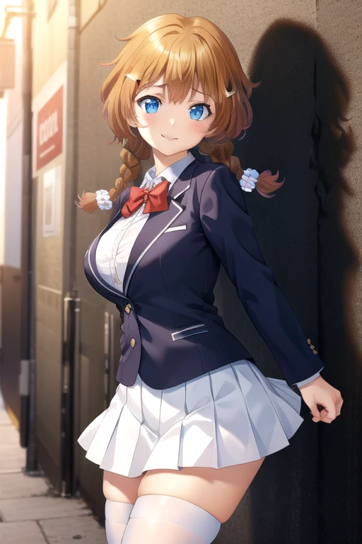 ((masterpiece)),(best quality),official art,extremely delicate and beautiful,extremely detailed CG,unity 8k wallpaper,ultra detailed,beautiful detailed eyes,extremely detailed face,outdoors,1girl,solo,cowboy shot,looking at viewer,facing viewer,smile,Aihara Ichika,long hair,orange hair,twintails,low twin braids,hair ornament,hair flower,hairclip,blue eyes,school uniform,black jacket,blazer,red bowtie,white shirt,collared shirt,long sleeves,large breasts,skindentation,miniskirt,white skirt,pleated skirt,zettai ryouiki,white thighhighs,loafers,black footwear,<lora:Aihara Ichika(rk):0.7>,