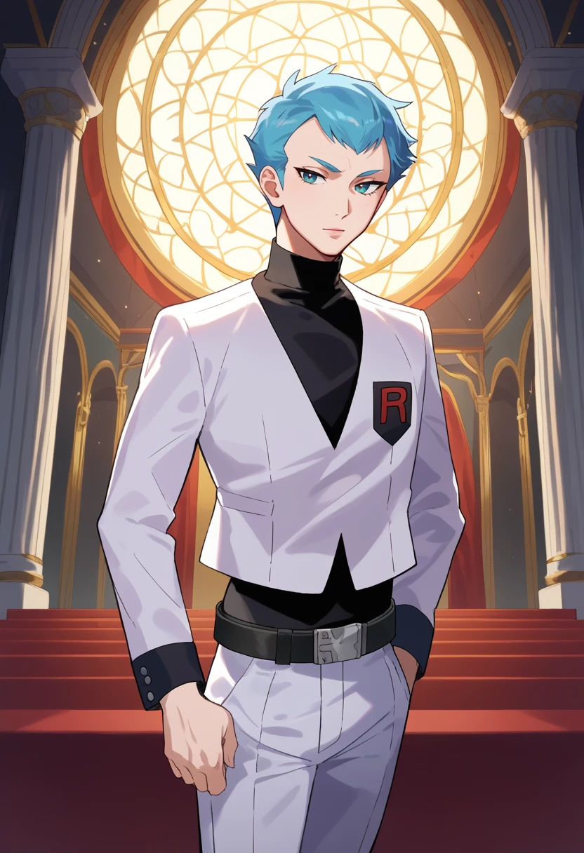 score_9, score_8_up, score_7_up, masterpiece, best quality, amazing quality, best aesthetic, absurdres, intricate details, archer, blue eyes, blue hair, black shirt, white vest, white pants, belt, black shoes, 1boy<lora:EMS-382830-EMS:1.000000>