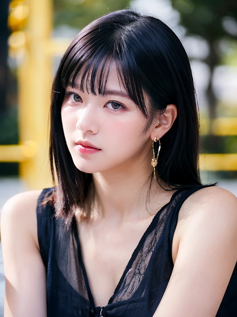 (RAW photo,best quality,realistic,photo-realistic:1.4),extremely detailed,8k wallpaper,Amazing,ultra-detailed,highres, 1girl, looking at viewer, black hair, jewelry, upper body, earrings, blurry, black eyes, lips, blurry background, makeup, portrait, realistic, photorealistic, kooo123, jeongyeon, medium hair <lora:JEONGYEON_006:0.8>