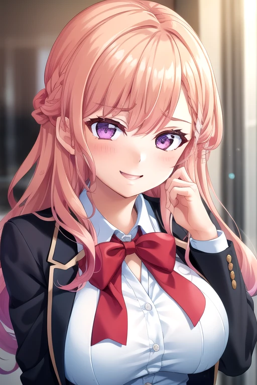 ((masterpiece)),(best quality),official art,extremely delicate and beautiful,extremely detailed CG,unity 8k wallpaper,ultra detailed,beautiful detailed eyes,extremely detailed face,outdoors,1girl,solo,upper body,(portrait:1.5),looking at viewer,facing viewer,smile,Amagase Nanao,long hair,wavy hair,multicolored hair,pink hair,braid,sidelocks,side swept bangs,purple eyes,school uniform,black jacket,blazer,red bowtie,white shirt,collared shirt,long sleeves,large breasts,skindentation,miniskirt,white skirt,pleated skirt,black pantyhose,high heels,black footwear,<lora:Amagase Nanao(rk):0.7>,