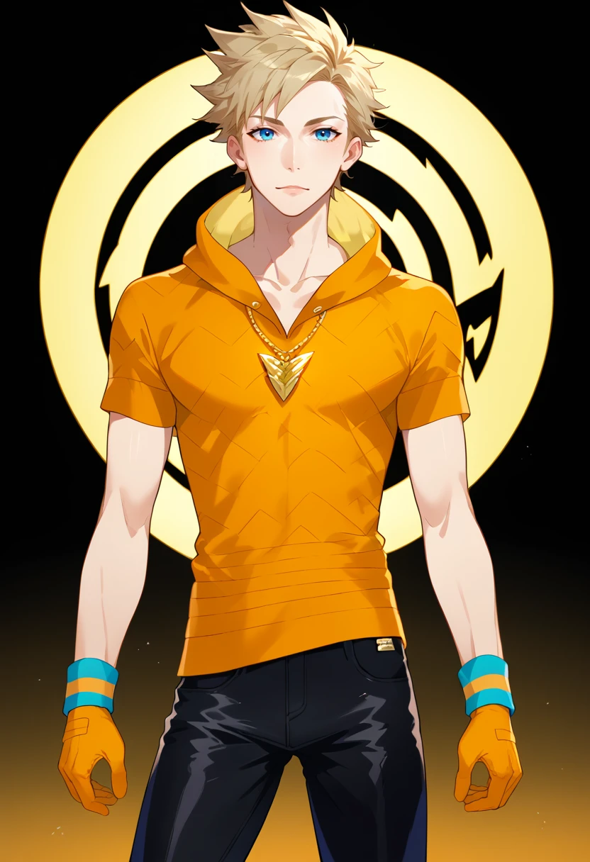 score_9, score_8_up, score_7_up, masterpiece, best quality, amazing quality, best aesthetic, ,absurdres,intricate details,spark_pokemon, blonde hair, blue eyes, orange (sleeveless) hoddie, orange gloves, wristband, black pants, black shoes,necklace, looking a t viewer<lora:EMS-373804-EMS:0.800000>, <lora:EMS-382826-EMS:1.000000>