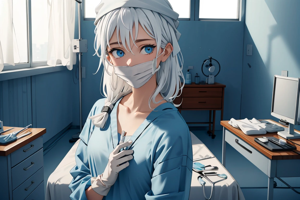 (RAW photo, best quality,facing the viewer,from front), operating room, overhead surgical light,blurred background, focused, dithering,backlighting, 
 <lora:Kidagakash:0.8> 1girl, kidagakash, solo, facial mark,blue eyes, white hair, 
 <lora:Doctor_Surgeon_Homemade_V2.0:0.8> doctor_homemade_surgeon, 1girl, solo, surgical mask, looking at viewer, folded bandana, long sleeves,rubber gloves,bedroom,