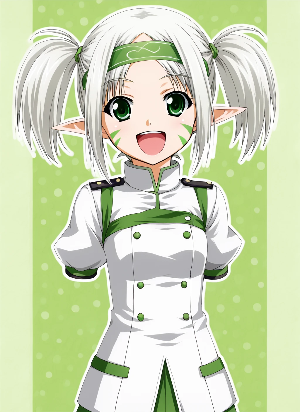 animation cel, best quality, 1girl, pretty, short, anime, green eyes,  white uniform, happy, headband, hair stripes, flat chest, white hair, elf, twintails,  <lora:Armless Anime_epoch_10:1>, armless