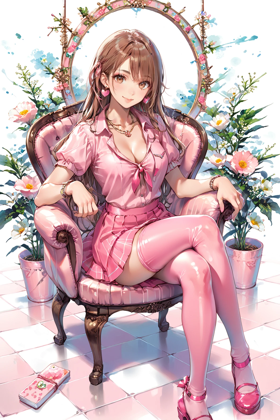  dsmile, 1girl, breasts, brown eyes, brown hair, chair, crossed legs, earrings, front-tie top, jewelry, long hair, makeup, medium breasts, necklace, pink dress, pink footwear, pink legwear, pink shirt, pink skirt, shirt, sitting, solo, <lora:DSmilebrite:0.7>