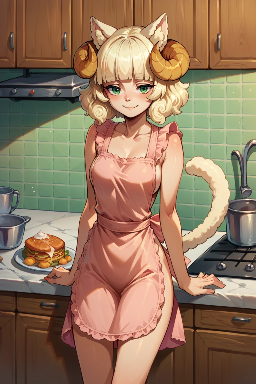 score_9, score_8_up, score_7_up, score_6_up, source_anime, 1girl, solo, <lora:NSWeresheepMGE:0.9> NSWeresheepMGE, green eyes, medium hair, blunt bangs, sheep horns, cat ears, cat tail, naked apron, kitchen, smile
