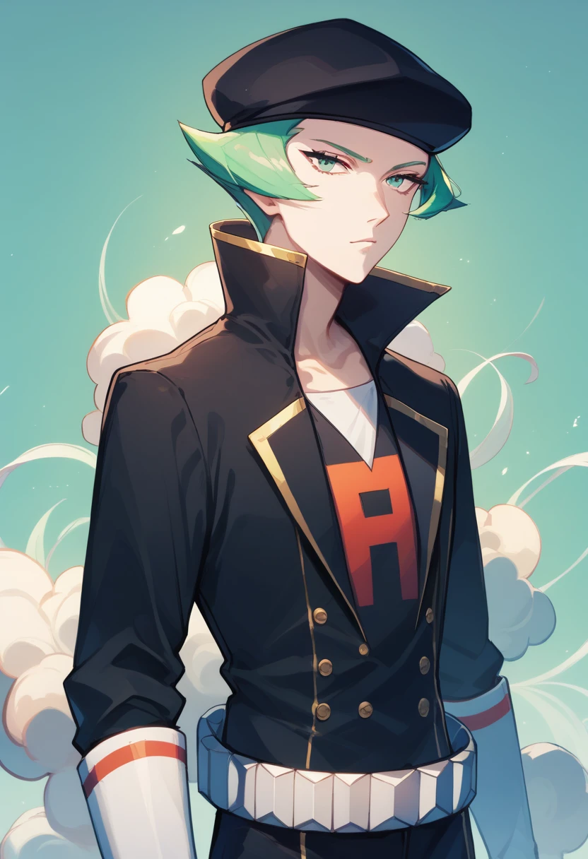 score_9, score_8_up, score_7_up, masterpiece, best quality, amazing quality, best aesthetic, absurdres, intricate details, proton_pokemon, green hair, green eyes, black hat, black jacket, black pants, white gloves, white boots, white belt<lora:EMS-382835-EMS:1.000000>