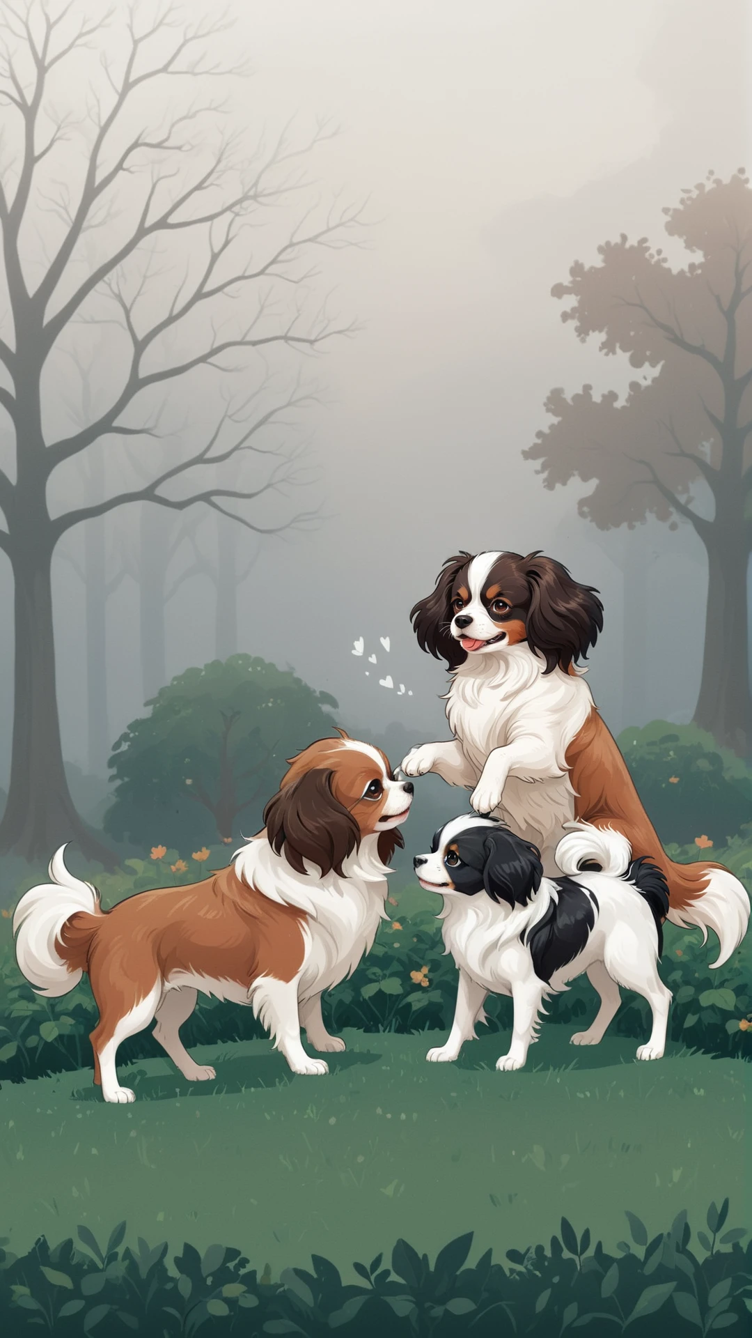 cartoon, drawing, 2d flat illustration of few cute dogs playing each other in a middle of cozy royal garden, Phalene continental toy spaniel with brown-white long coat, surreal fog in background, pixel art effect
BREAK complement vector graphics, sharp outline, flat shading, sticker NOBLEDOGS_CTS, <lora:NOBLEDOGS_CTS-000018:0.67> ImgFixerPre0.3