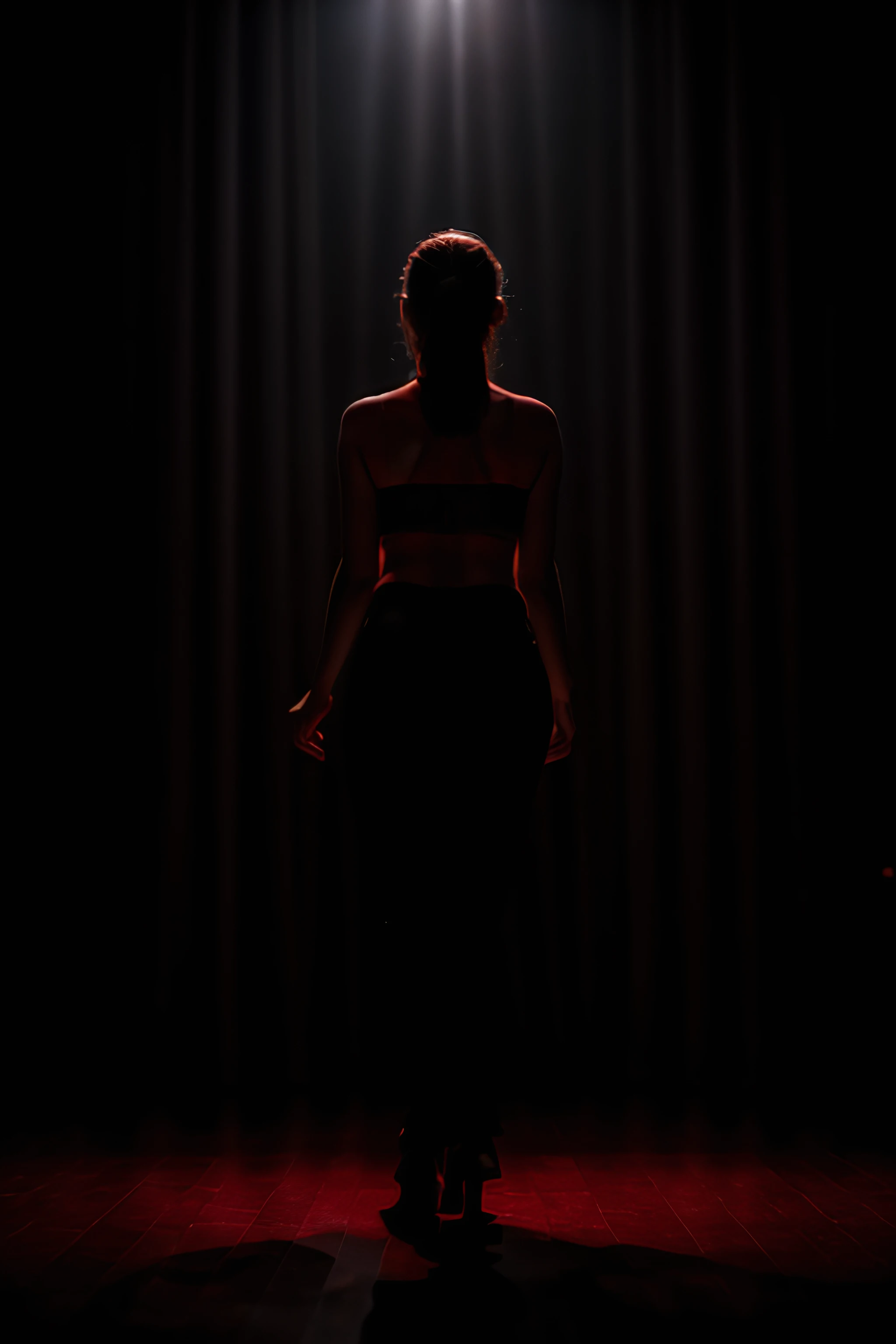 cinematic film still Wooden stage, red velvet curtain, spotlight on stage, a foot stepping into the light, the body obscured by darkness, moody, cinematic, dancer shoes, black pants, . shallow depth of field, vignette, highly detailed, high budget, bokeh, cinemascope, moody, epic, gorgeous, film grain, grainy
