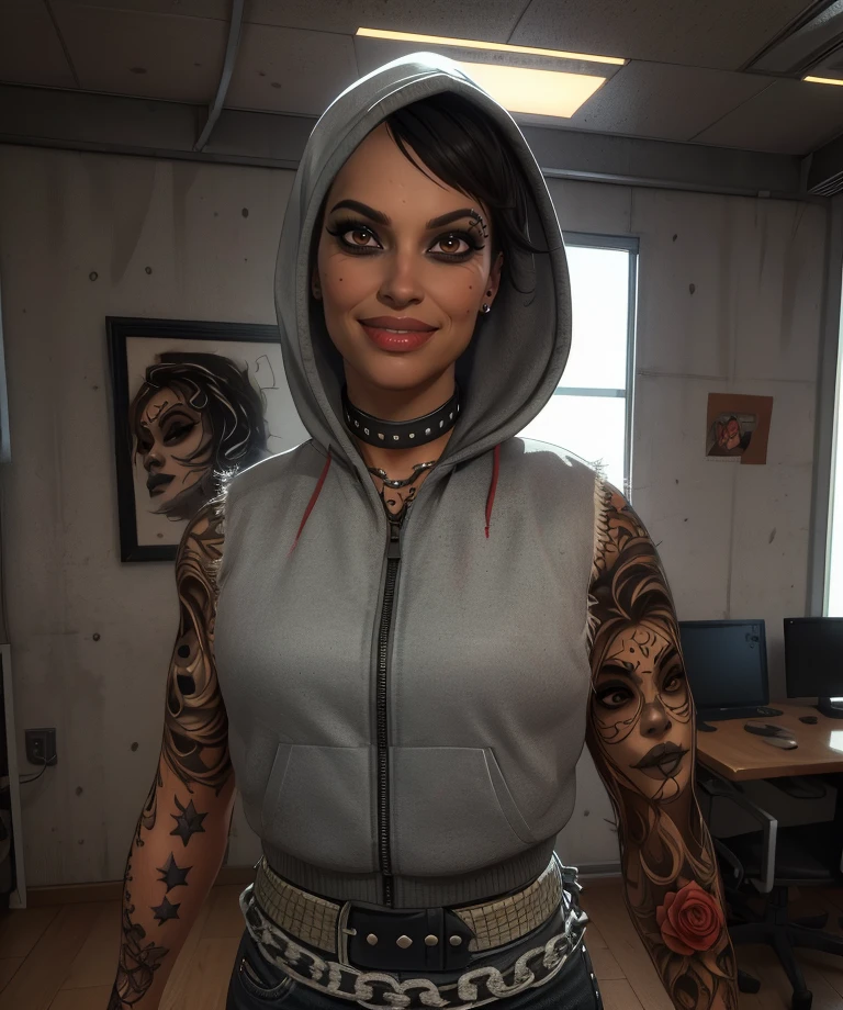 angeldr3,brown eyes,black hair,short hair,
cropped jacket,sleeveless,chain belt,belt,choker,piercing,hood,tattoo,
indoors,standing,upper body,looking at viewer,
(insanely detailed, masterpiece, best quality),solo,<lora:AngelDR3:0.9>,light smile,