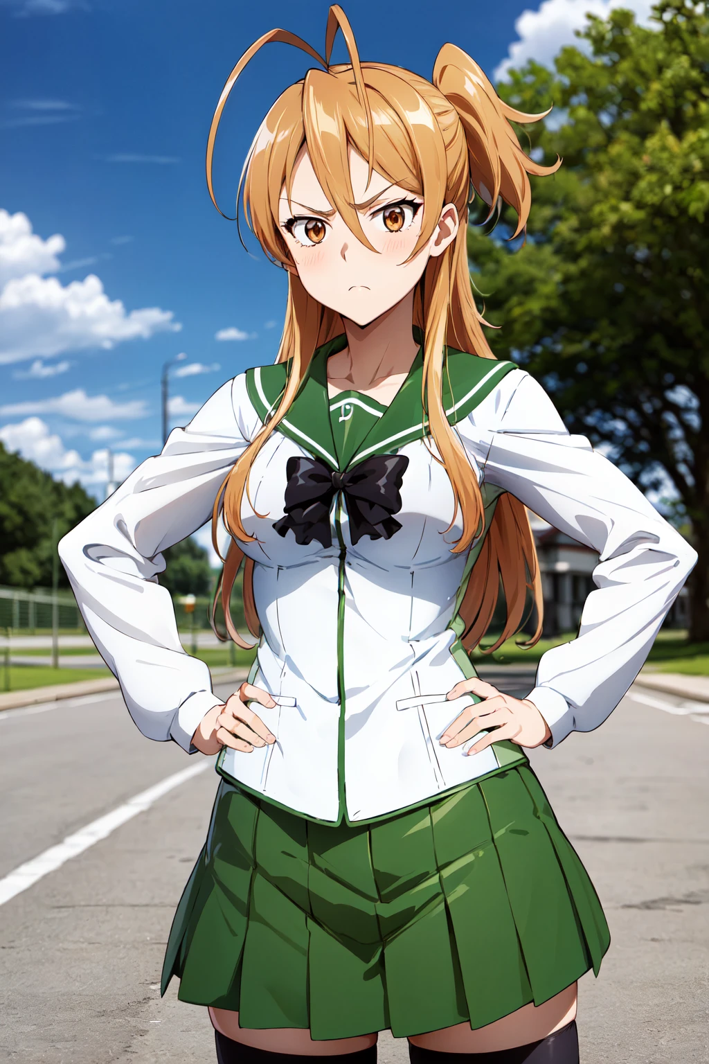 masterpiece, best quality, highres, 1girl, solo, long hair, brown hair, antenna hair, brown eyes, school uniform, green sailor collar, black bowtie, white shirt, long sleeves, pleated skirt, green skirt, black thighhighs, <lora:miyamoto_rei_v1:0.7>, standing, cowboy shot, outdoors, hands on hips, frown