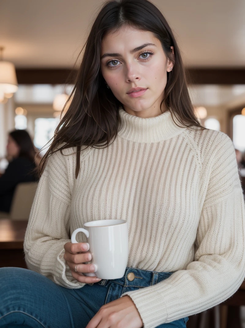 Analog photo, tv_Olivia_Olympiakis_MXAI , wearing a cozy knitted sweater, sitting in a café, holding a steaming mug with both hands, happy expression,, (((Ultra-HD-details, Ultra-HD-detailed, Ultra-HD-realistic, Ultra-HD-photo-same-realistic-quality-details))), 8k uhd, dslr, soft lighting, high quality, film grain, Fujifilm XT3