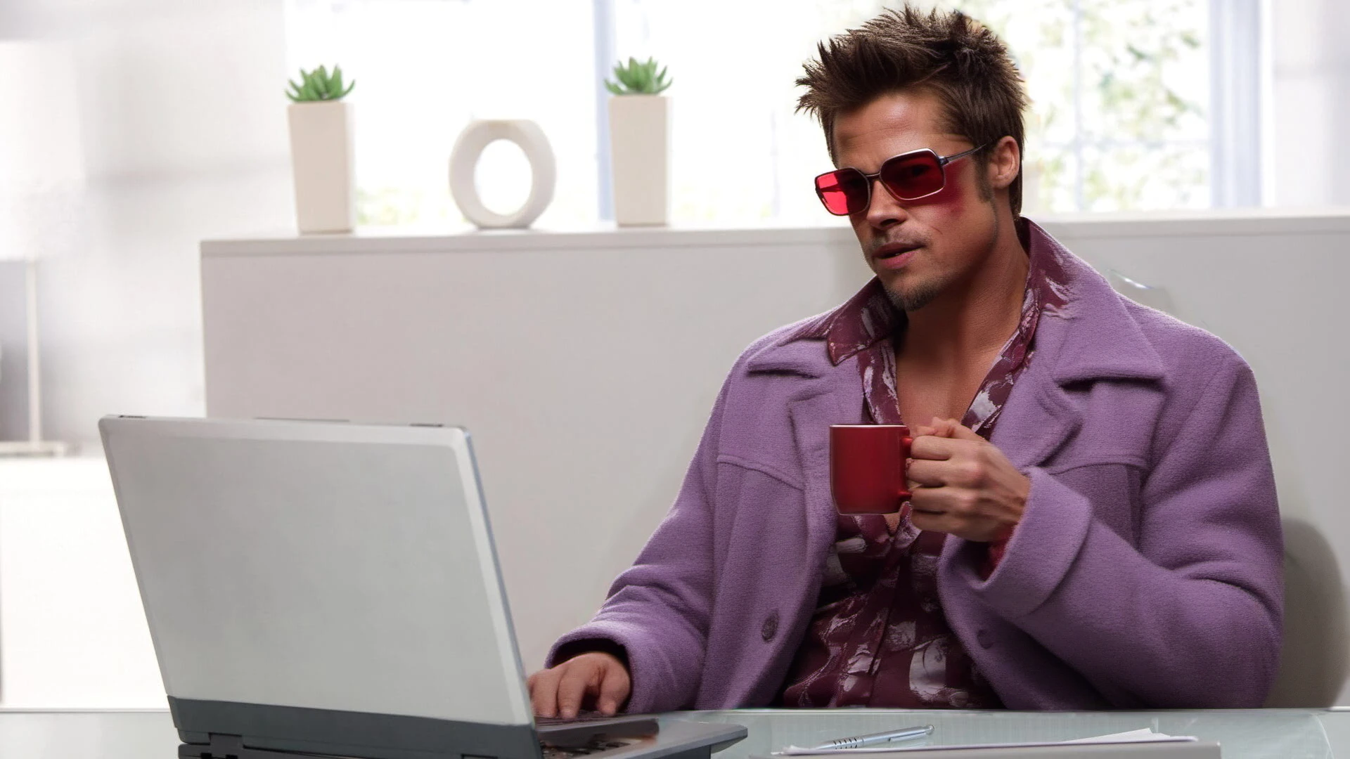 cinematic photo Tyler Durden, facial hair, red jacket, shirt, sunglasses<lora:TylerDurden1024:0.8> holds a mug, laptop, hide the pain . 35mm photograph, film, bokeh, professional, 4k, highly detailed