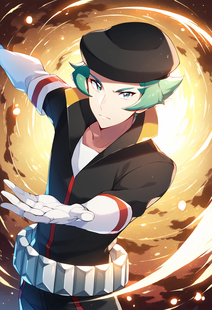 score_9, score_8_up, score_7_up, masterpiece, best quality, amazing quality, best aesthetic, absurdres, intricate details, proton_pokemon, green hair, green eyes, black hat, black jacket, black pants, white gloves, white boots, white belt<lora:EMS-382835-EMS:1.000000>