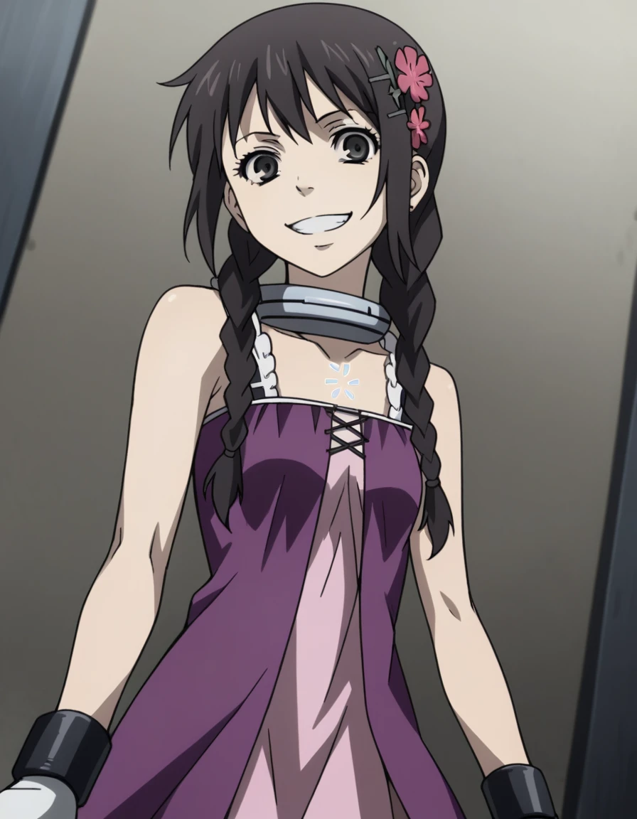 score_9, score_8_up, score_7_up, source_anime,
minatsukitakami, <lora:minatsuki-takami-s1-ponyxl-lora-nochekaiser:1>,
minatsuki takami, long hair, black hair, hair ornament, braid, flower, twin braids, hair over shoulder,
gloves, fingerless gloves, collar, dress, purple dress, collarbone, strap, bare shoulders,
indoors, prison, smile, evil smile, grin,
cowboy shot, looking at viewer, solo, dutch angle,