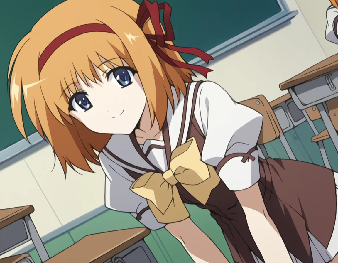 score_9, score_8_up, score_7_up, source_anime,
kaedefuyou, <lora:kaede-fuyou-s1-ponyxl-lora-nochekaiser:1>,
kaede fuyou, short hair, orange hair, hair ribbon, hairband, blue eyes,
skirt, bow, ribbon, school uniform, short sleeves, pleated skirt, serafuku, socks, puffy sleeves, bowtie, puffy short sleeves, black socks, yellow bow, yellow bowtie,
indoors, classroom, bent over, smile,
cowboy shot, looking at viewer, solo, dutch angle,