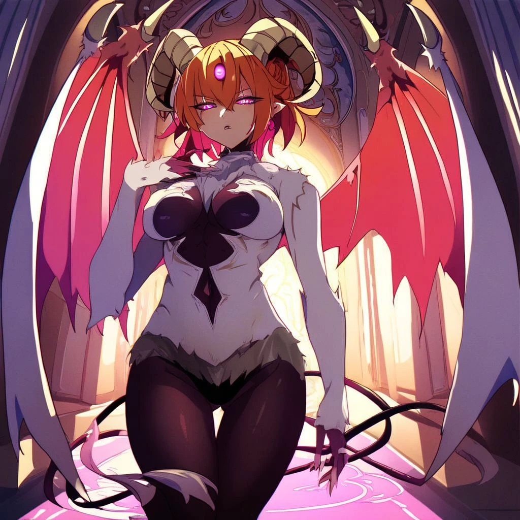 1Girl, solo, score_9, score_8_up, score_7_up, demon_horn, demon_wings, red_hair, demon_tail, demon_girl, thighs, interior, detailled_background, source_anime, source_gelbooru, source_pixiv, ng_deepnegative_v1_75t, EasyNegativeV2, gudagoat