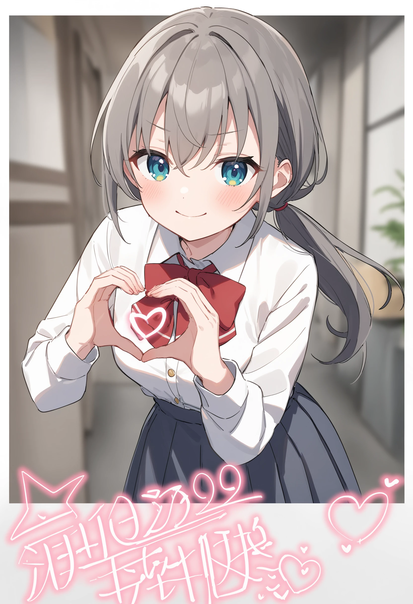 2girls,sincos, ningen mame, toosaka asagi,solo,medium breasts,school uniform,multiple girls,
polaroid, border, english text, character name, dated, artist name, signature,heart, heart hands, smile, blush, <lora:polaroid_XL_v1:0.8>
looking at viewer, cowboy shot, gray hair, golden eyes,open terrace, closed mouth, low ponytail hair,,
best quality, very aesthetic, absurdres,