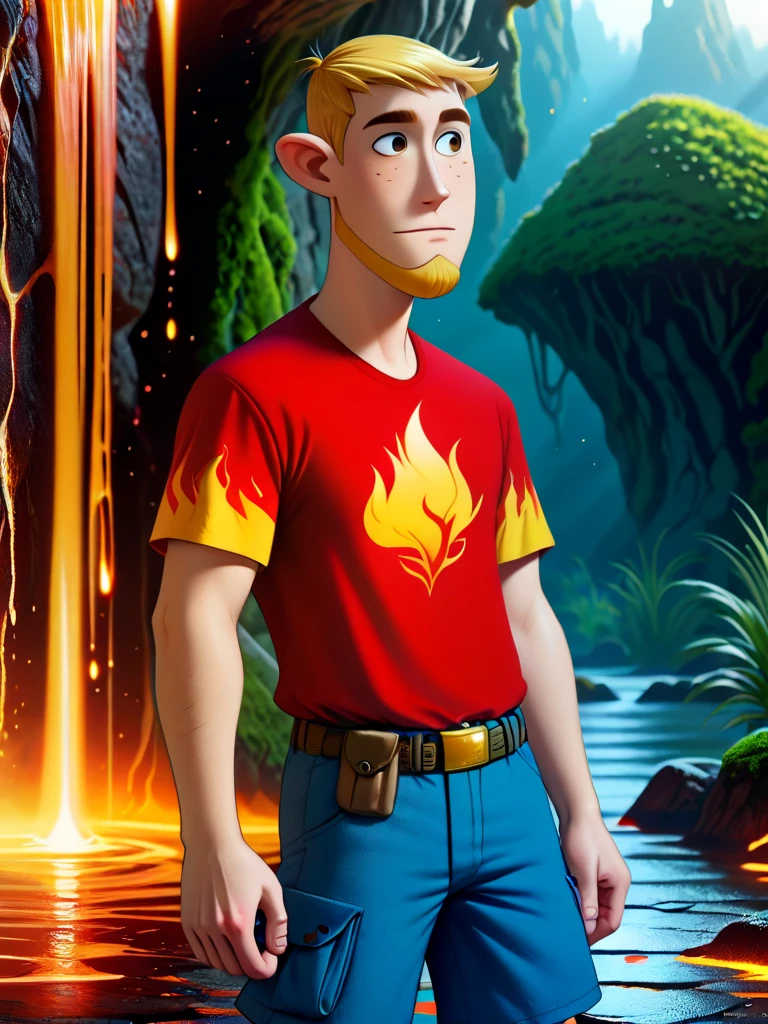 score_9, score_8_up, score_7_up, score_6_up, flat art, 2D, 1boy, solo, simple, 1boy, man, adult, r0nst0p, blonde hair, beard, flames shirt, cool belt, shorts, source_cartoon, standing next to female made of lava style, ral-lava