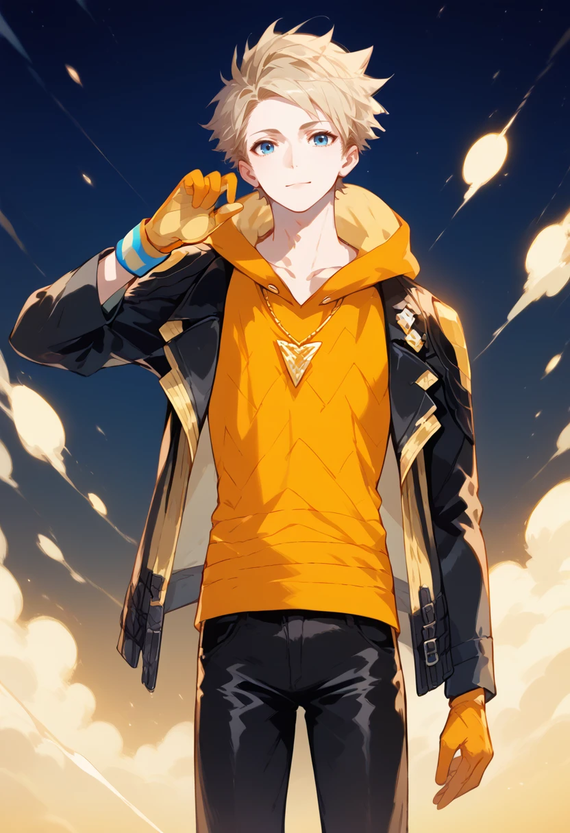 score_9, score_8_up, score_7_up, masterpiece, best quality, amazing quality, best aesthetic, ,absurdres,intricate details,spark_pokemon, blonde hair, blue eyes, black jacket, orange sleeveless hoddie, orange gloves, wristband, black pants, black shoes,necklace, 1boy<lora:EMS-373804-EMS:0.800000>, <lora:EMS-382826-EMS:1.000000>