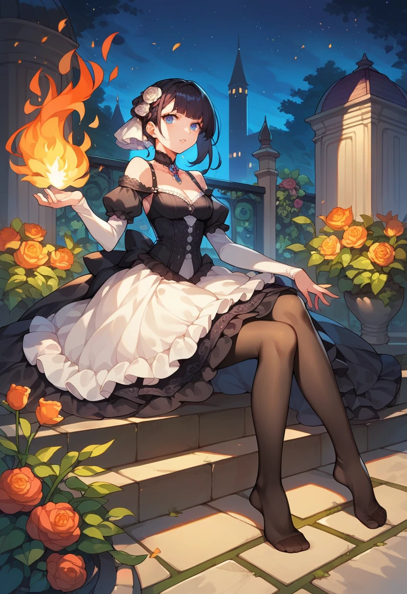 (score_9), score_8_up, highres, 1girl, anime, elegant gothic dress, garden, sitting, dynamic pose, pantyhose, no shoes, ((fire)), evening, night