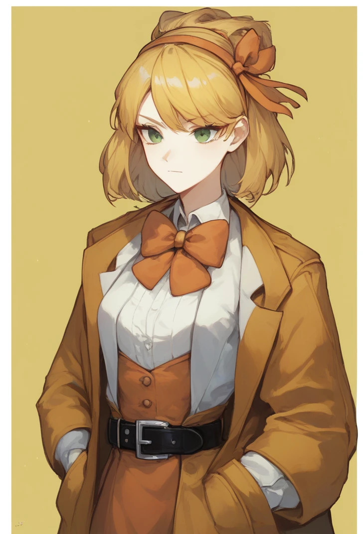 (score_9, score_8_up:1.1), score_7_up, masterpiece, <lora:Tiphereth_PM:1>, Tiphereth, TipherethLOR, 1girl, solo, blush, short hair, bangs, blonde hair, simple background, shirt, long sleeves, dress, bow, closed mouth, green eyes, white shirt, hair bow, hairband, collared shirt, belt, bowtie, medium hair, red bow, coat, yellow background, white border, black belt, open coat, orange bow, hands in pockets, red hairband, brown bow, orange hairband, brown bowtie