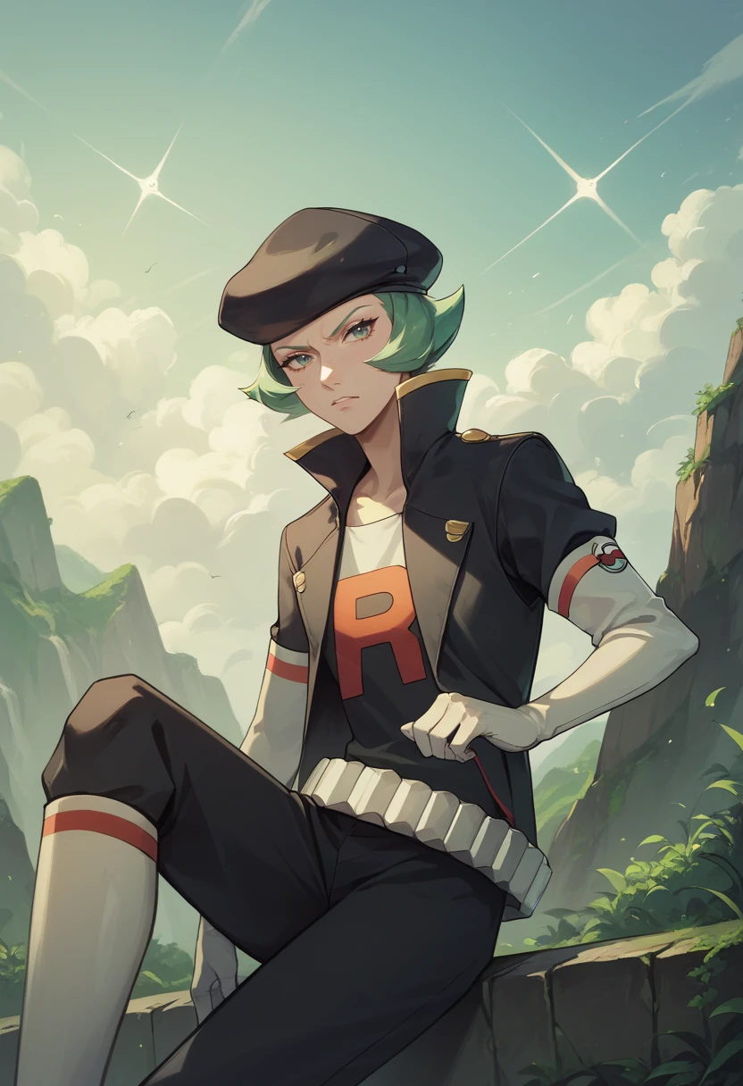 score_9, score_8_up, score_7_up, masterpiece, best quality, amazing quality, best aesthetic, absurdres, intricate details, proton_pokemon, green hair, green eyes, black hat, black jacket, black pants, white gloves, white boots, white belt,score_6_up<lora:EMS-382835-EMS:1.000000>