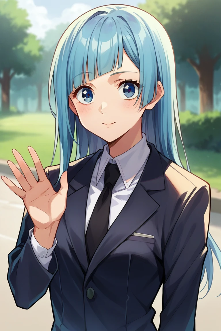 score_9, score_8_up, score_7_up, score_6_up, score_5_up, score_4_up, rating_questionable, , source_anime, digital illustration, pixiv, fanbox, uncensored, , BREAK, official art,
1girl, solo,, female, kasumi miwa, blue hair, blue eyes, straight hair,
black suit, white shirt, necktie, upper body, waving, close up, cowboy shot,, outdoors, looking at viewer, colorful, vivid,, <lora:Kasumi_Miwa_Pony-10:0.9>