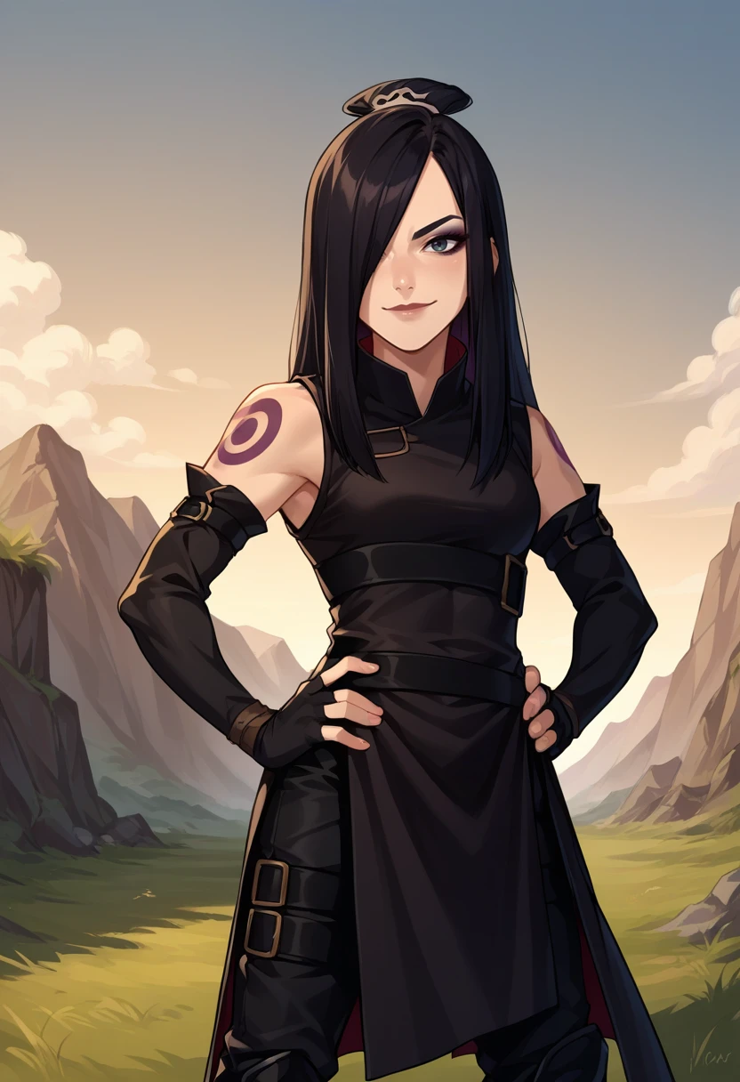 score_9, score_8_up, source_anime, 1girl, solo, JuneAvatar, makeup, shoulder tattoo, black hair, hair over one eye, long hair, topknot, black dress, sleeveless, elbow gloves, black gloves, fingerless gloves, black belt, black pants, black boots, standing, outdoors, hands on hips, smile, <lora:ChamJunePonyXL:1>
