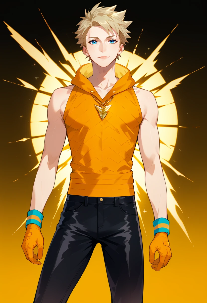 score_9, score_8_up, score_7_up, masterpiece, best quality, amazing quality, best aesthetic, ,absurdres,intricate details,spark_pokemon, blonde hair, blue eyes, orange ((sleeveless)) hoddie, orange gloves, wristband, black pants, black shoes,necklace, looking at viewer<lora:EMS-373804-EMS:0.800000>, <lora:EMS-382826-EMS:1.000000>