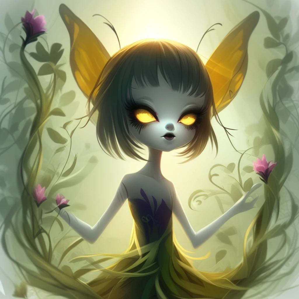 artncrln, sunlight, flat chest, purple flower, pink flower, blunt bangs, white background, vines, eyeshadow, nature, yellow eyes, butterfly, open mouth, no pupils, backlighting, closed mouth, standing