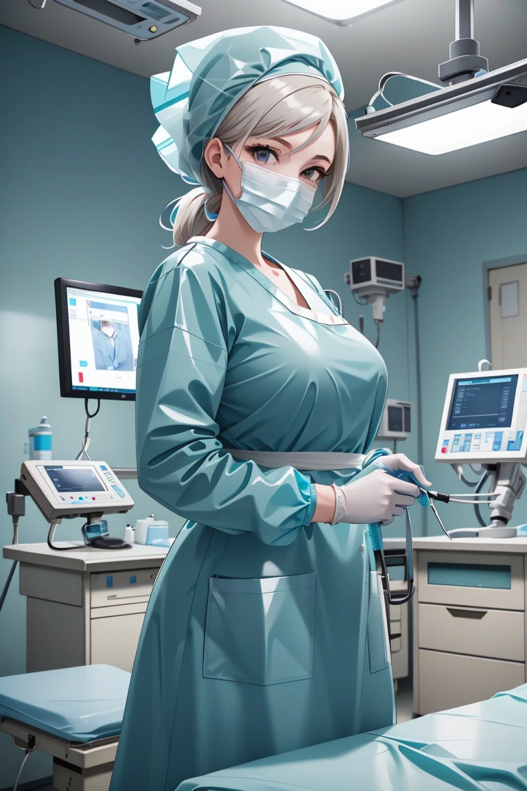 (RAW photo, best quality,facing the viewer,from front), operating room, overhead surgical light,blurred background, focused, dithering,backlighting,
 <lora:Doctor_Surgical_Rubber_Unif_Alt_V2.0:0.8> doctor_surgical_rubber_alt_r, 1girl, , solo, looking at viewer, surgical mask, latex gloves,latex uniform,