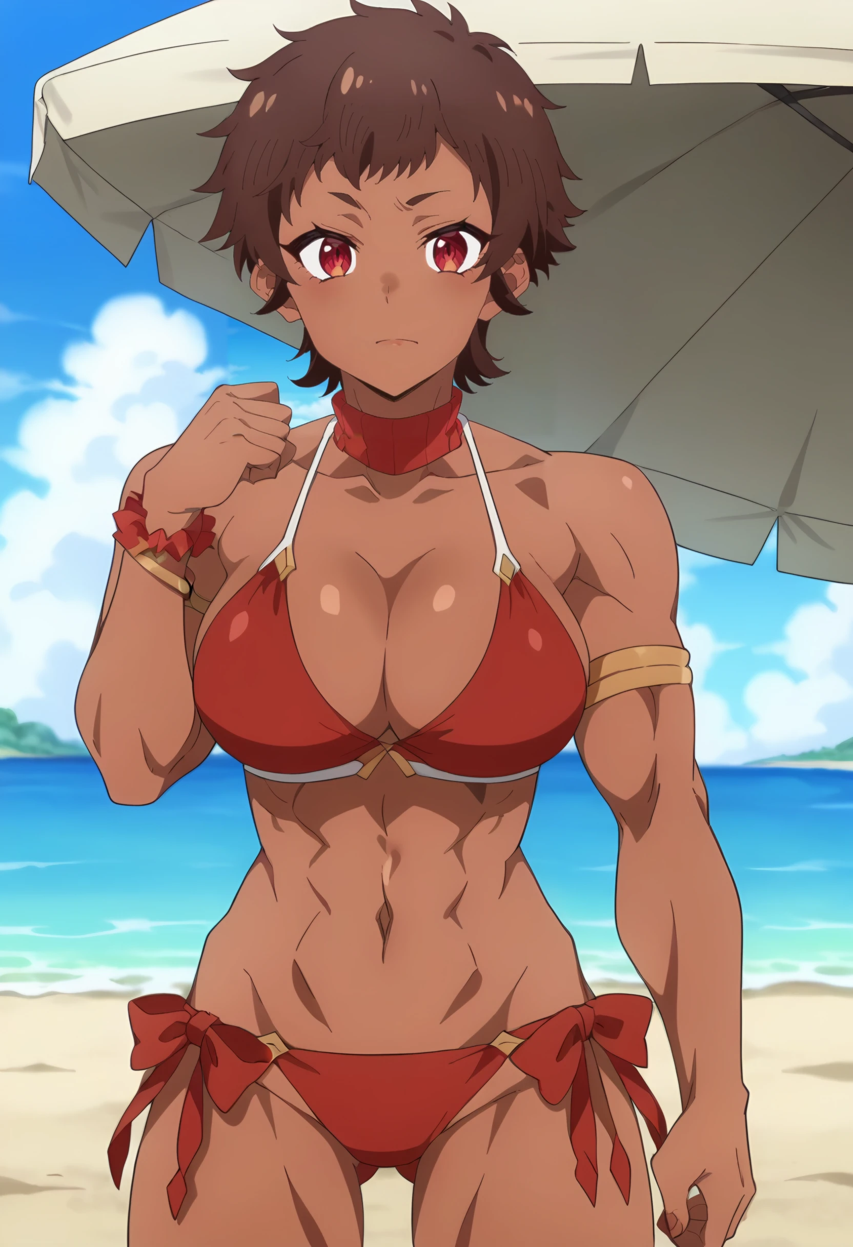 <lora:Blossom:0.9>  blossom, short hair, brown hair, dark-skinned female, 1girl, red eyes, solo, large breasts, muscular female,   cowboy shot, looking at viewer, bikini, beach, score_9, score_7_up,anime coloring ,source_anime, anime