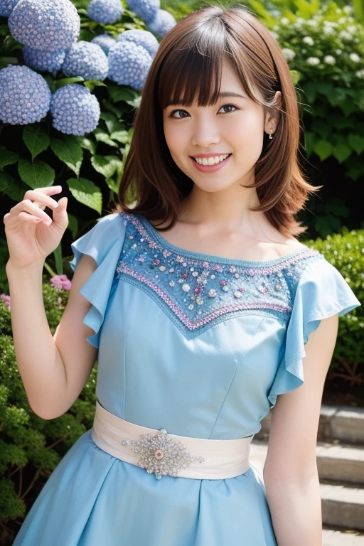 1girl,(RAW photo, best quality), (realistic, photo-realistic:1.4), masterpiece, an extremely delicate and beautiful, extremely detailed, 2k wallpaper, Amazing, finely detail, extremely detailed CG unity 8k wallpaper, ultra-detailed, highres, soft light, beautiful detailed girl, extremely detailed eyes and face, beautiful detailed nose, beautiful detailed eyes,cinematic lighting,perfect anatomy,slender body
wearing a blue peplum dress,blue skirt,(bokeh:1.2)
at a shrine,tall stone stairs,(hydrangea flowers),cloudy
<lora:fuchigamimai_lora:0.8>,smile
