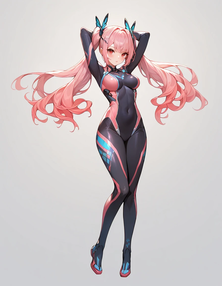 Anime girl, Yuni NIKKE, DETAILED IMAGE, Small breasts, Light Pink Long Hair with BANGS, NO FOREHEAD VISIBLE, full body, Thin Waist, Wide Hips, Black Neon BODYSUIT clothing, cute expression